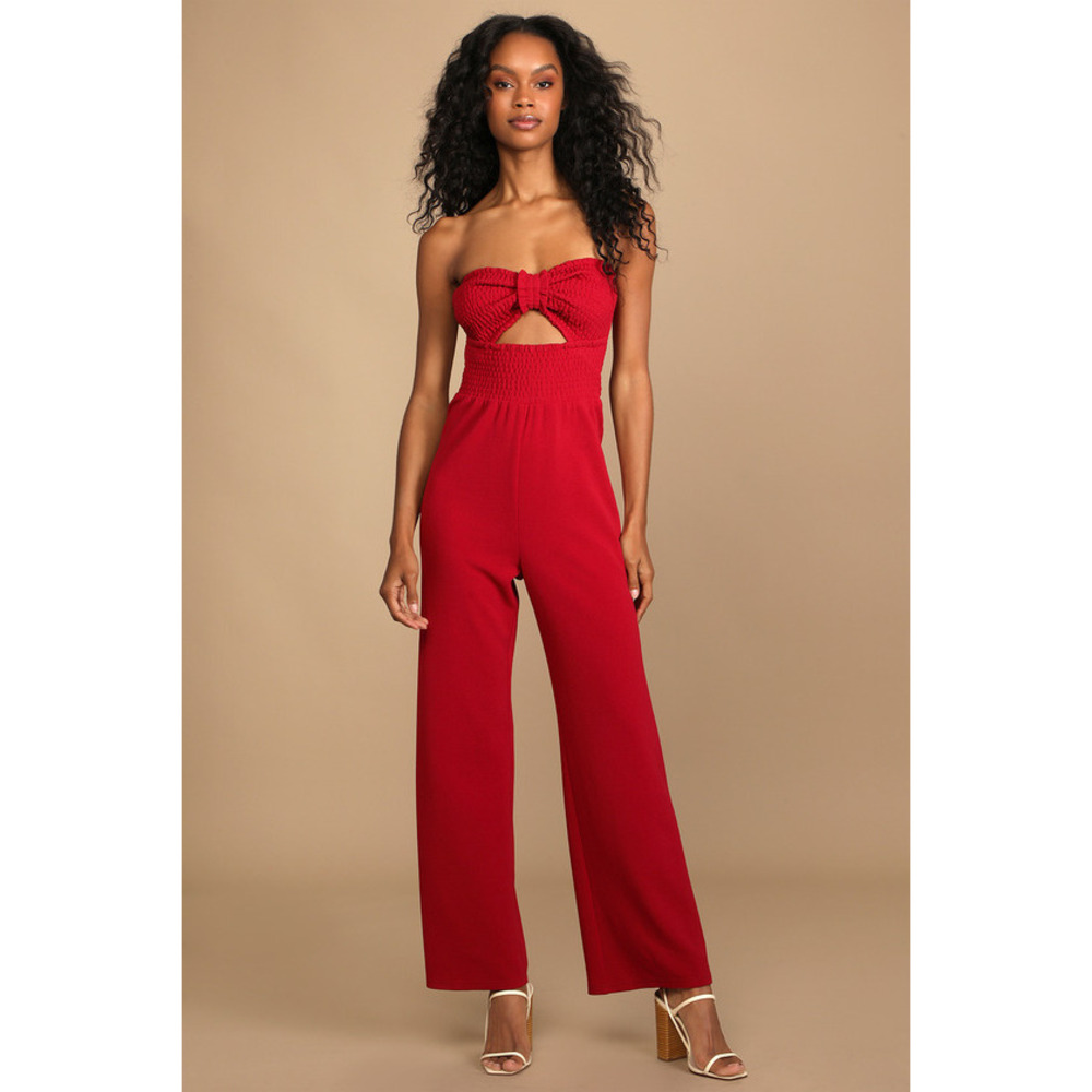 Lulus Bow Up Brick Red Smocked Strapless Wide-leg Jumpsuit - Size M